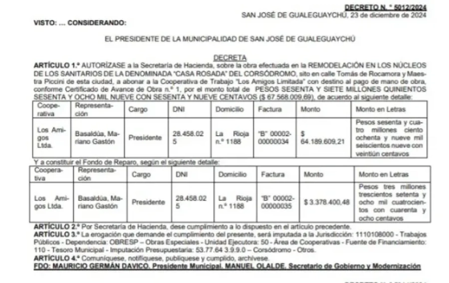 Uno de los decretos que cuestiona la oposici&oacute;n en Gualeguaych&uacute;.