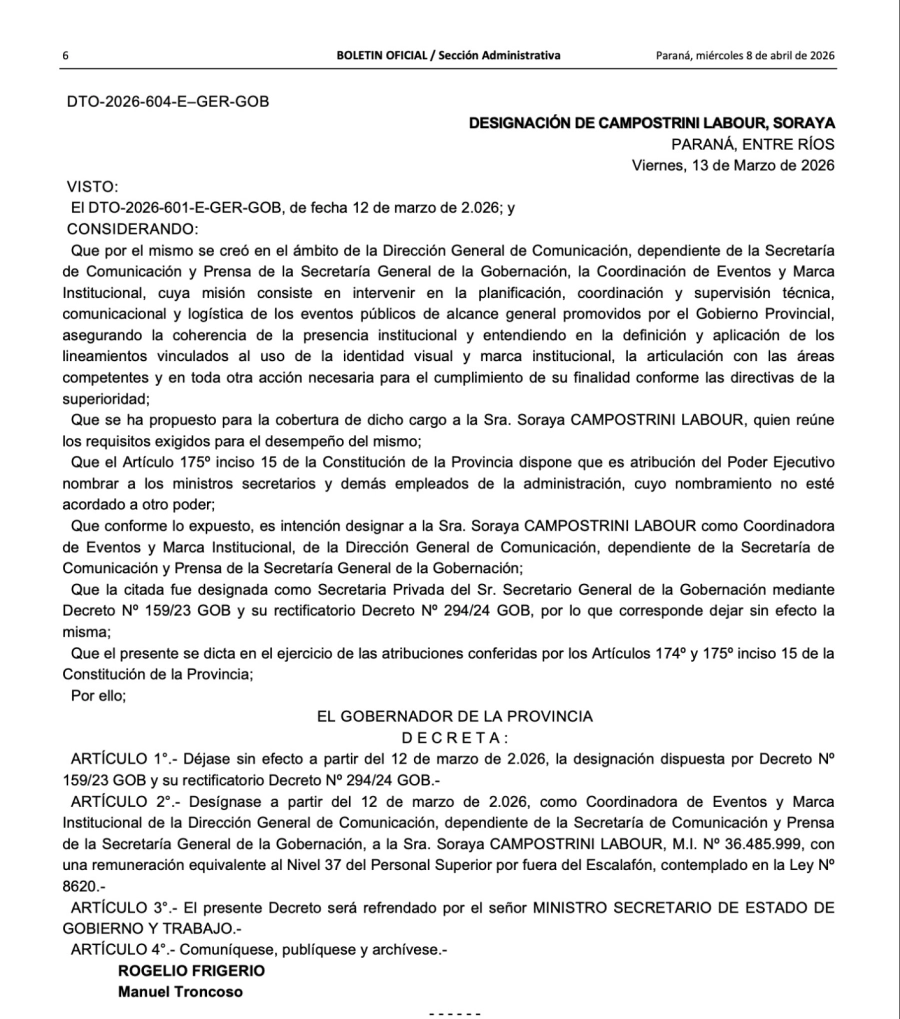Decreto 604/2026 Gobierno de Entre Rios