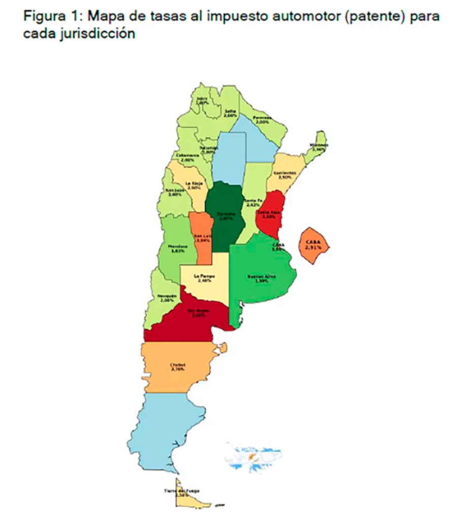 Mapa de tasas al impuesto automotor (patente) para cada jurisdicci&oacute;n.