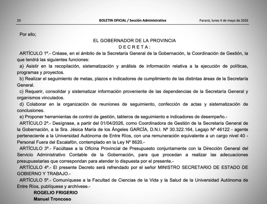 Decreto de creaci&oacute;n de la Coordinaci&oacute;n de Gesti&oacute;n dependiente de la Secretar&iacute;a General de la Gobernaci&oacute;n al mando de Mauricio Colello.