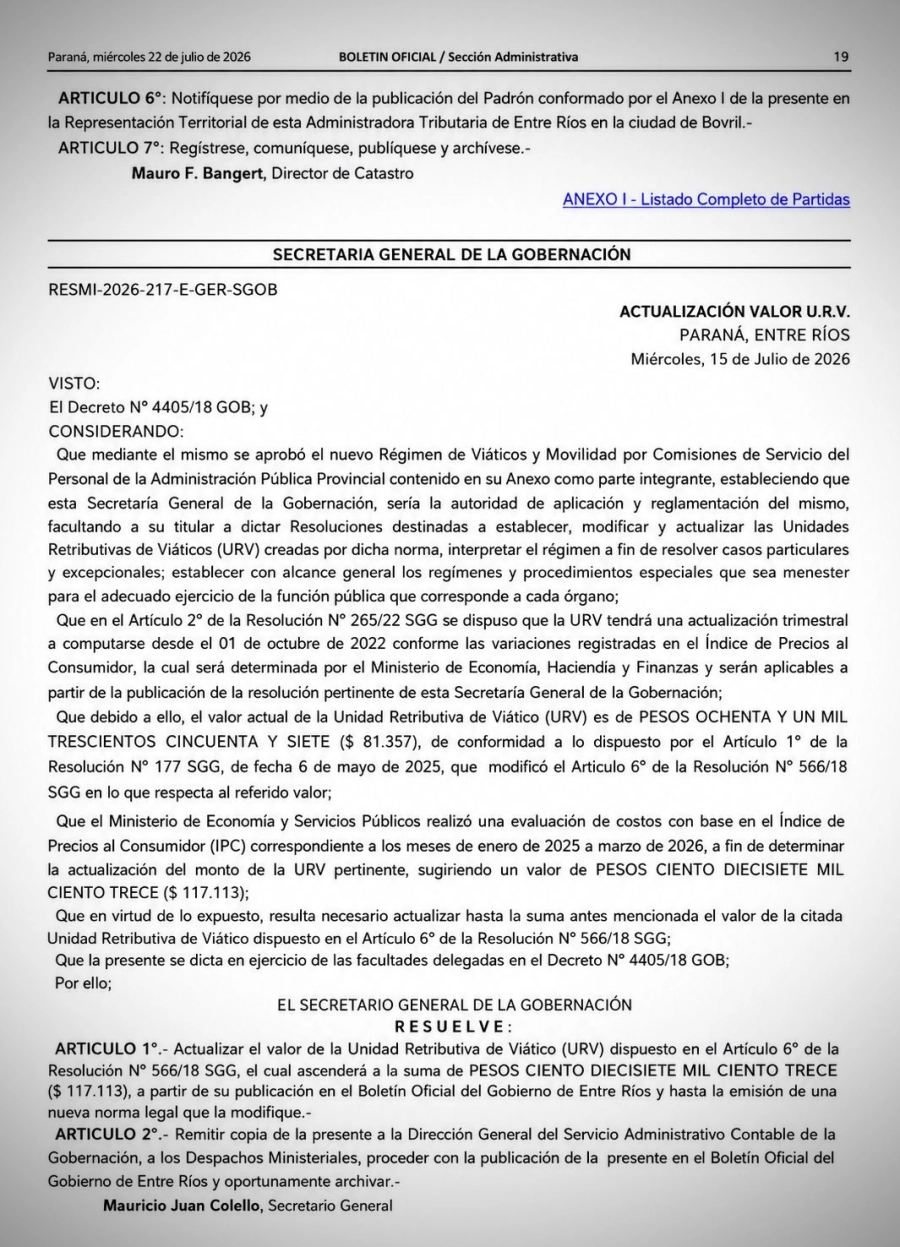 Resoluci&oacute;n 217/2026 de la Secretar&iacute;a General de la Gobernaci&oacute;n.